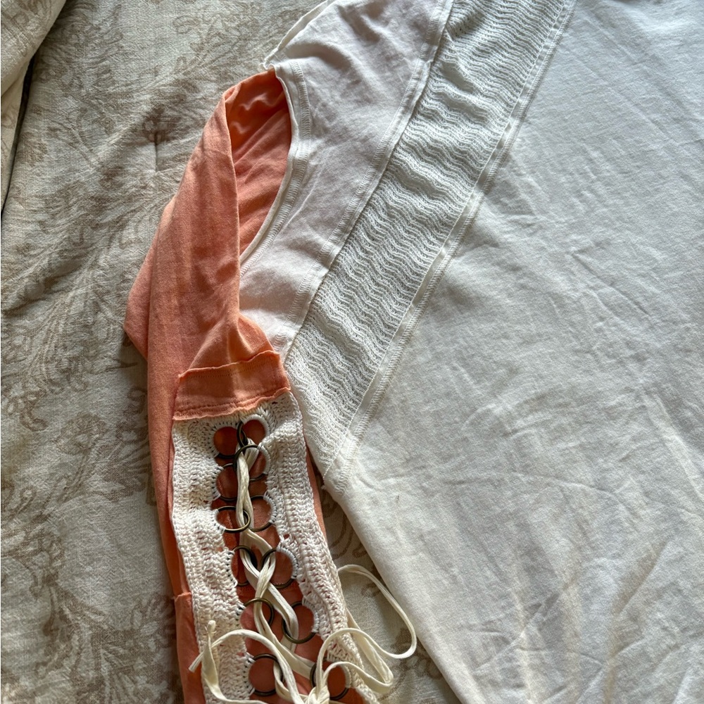 Free People White and Peach Lace-Up Long Sleeve Top - Picture 4 of 5